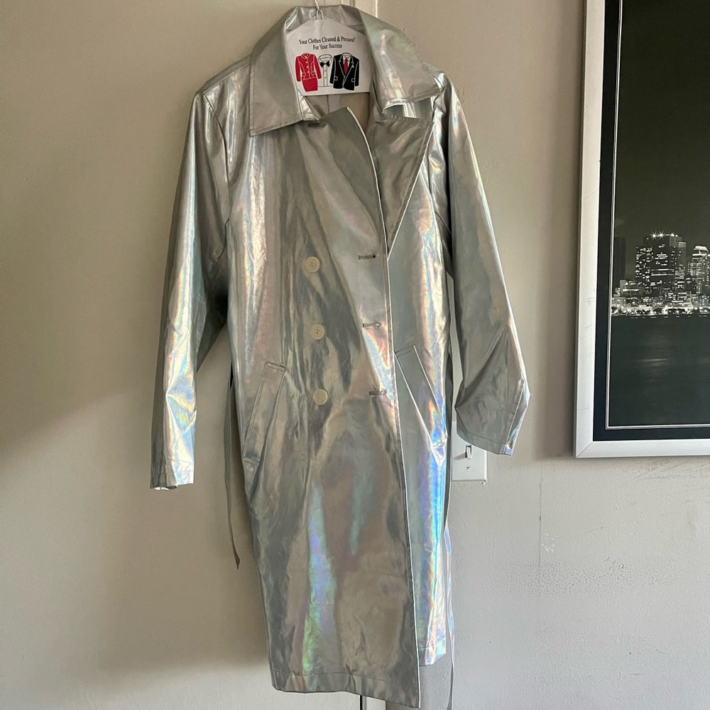 Long holographic trench coat